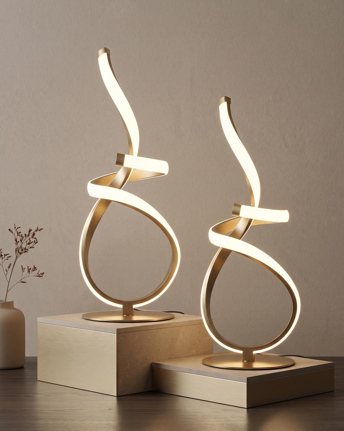 Gold Cool Table Lamps Set of 2, Modern LED Spiral Desk Lights