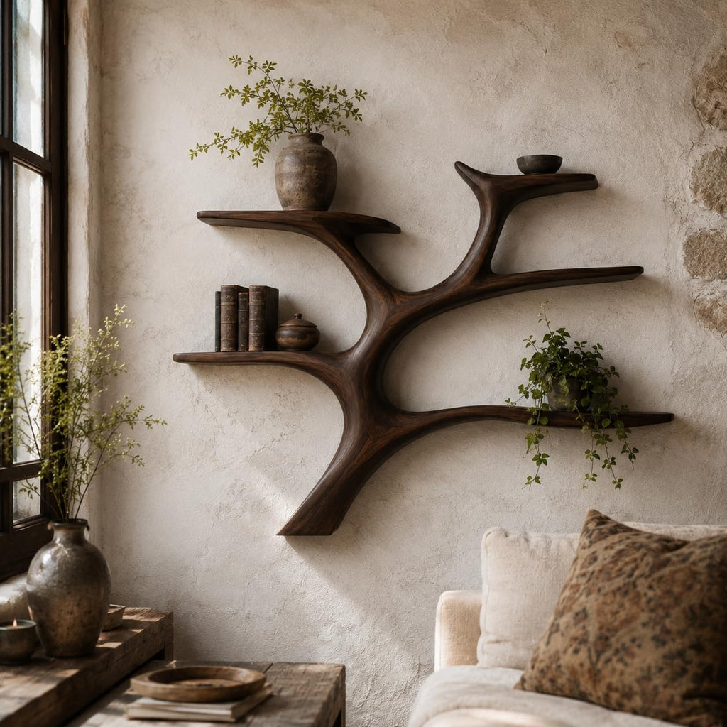 Wall Mounted Tree Bookshelf, Solid Wood Branch Floating Shelf, Rustic Driftwood Style Plant Display & Book Shelf for Boho Farmhouse Living Room Wall Decor (Option 5)