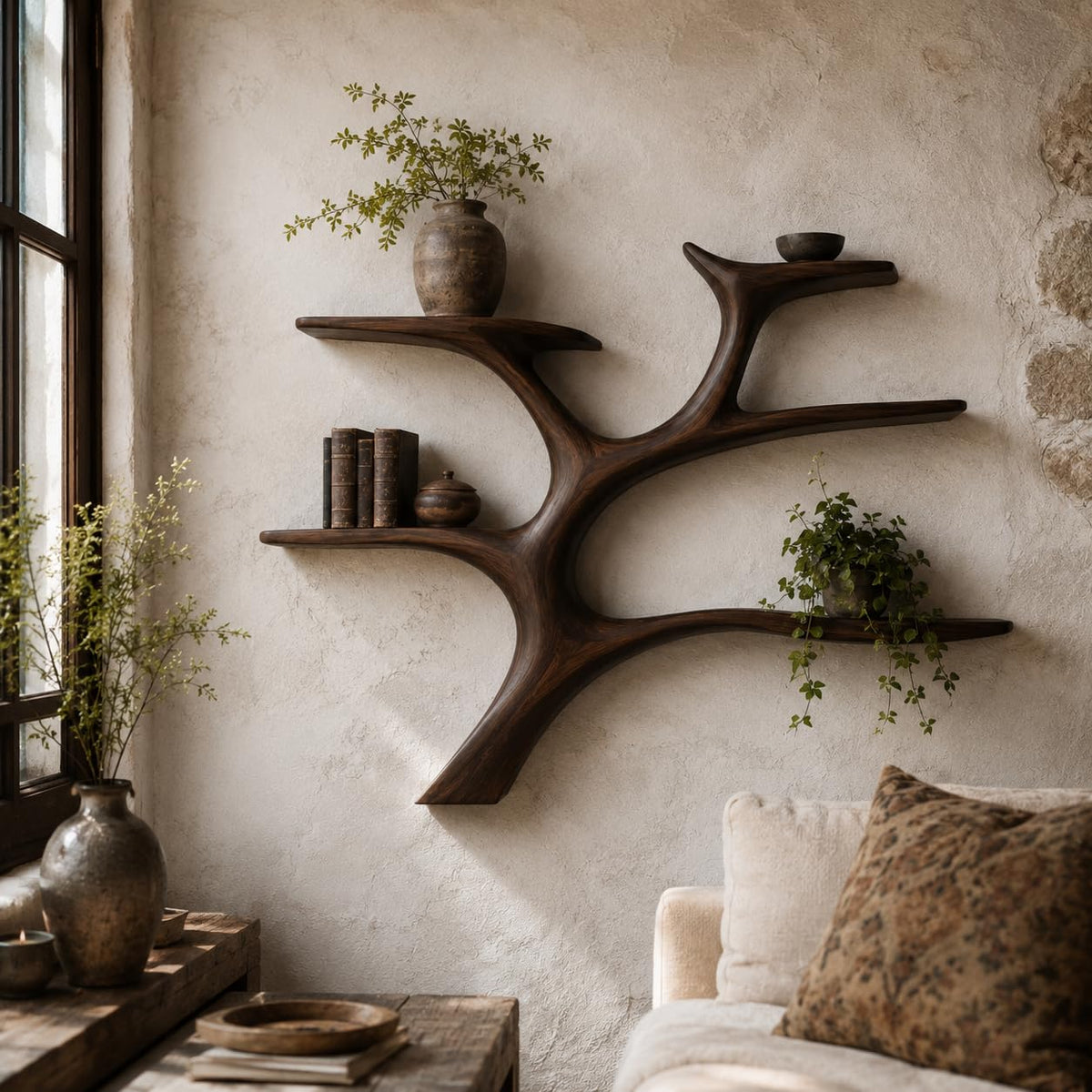 Wall Mounted Tree Bookshelf, Solid Wood Branch Floating Shelf, Rustic Driftwood Style Plant Display & Book Shelf for Boho Farmhouse Living Room Wall Decor (Option 5)