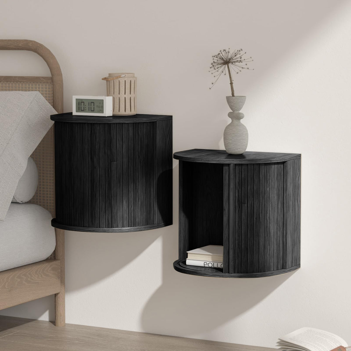 Wood Color Floating Nightstand Set with Fluted Door