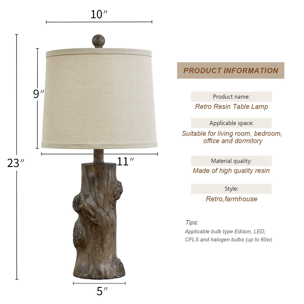 Rustic Tree-Trunk Table Lamp with Oatmeal Shade
