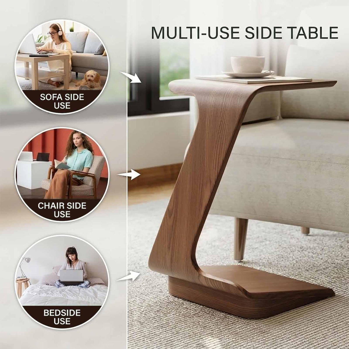 C-Shaped Wood Side Table with Wheels