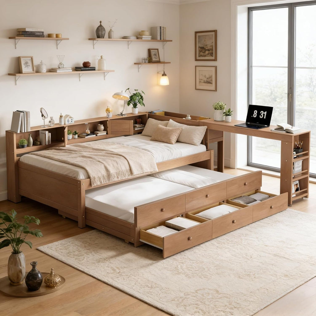 Bellemave Twin Daybed Frame with Desk, Trundle & Drawers Brown