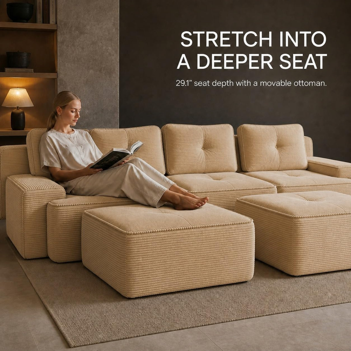 Camel Couch, Corduroy Couch, Boneless Modular Sectional Sofa Set, 5-Seat, Oversized