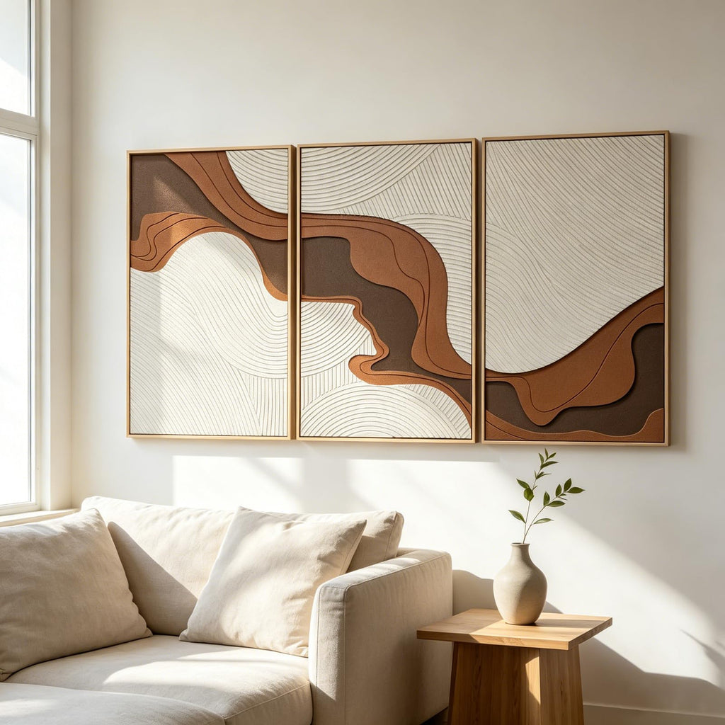 Abstract Geometric Relief Wall Art – Framed Triptych