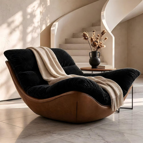 Modern Lounge Chair, Plush Fabric Lounge Chair with Faux Leather Base, Low Profile Lazy Sofa Chair, Ergonomic Curved Upholstered Chair for Living Room, Bedroom, Reading Nook, No Assembly Required