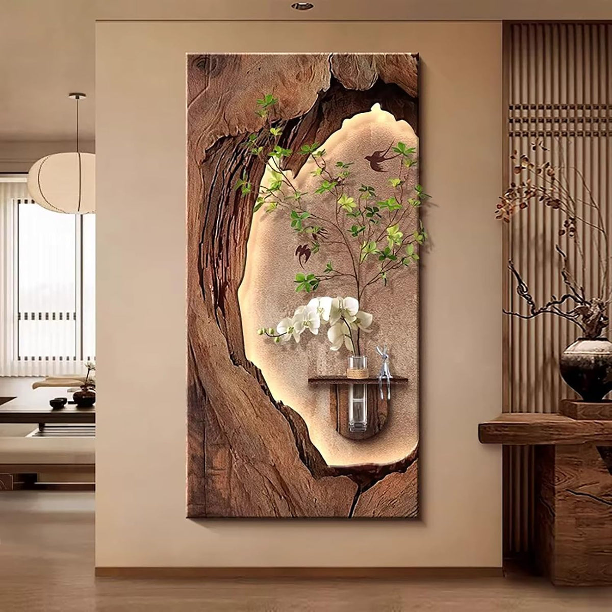 3D LED Sandstone Wall Art with Orchid Vase Detail