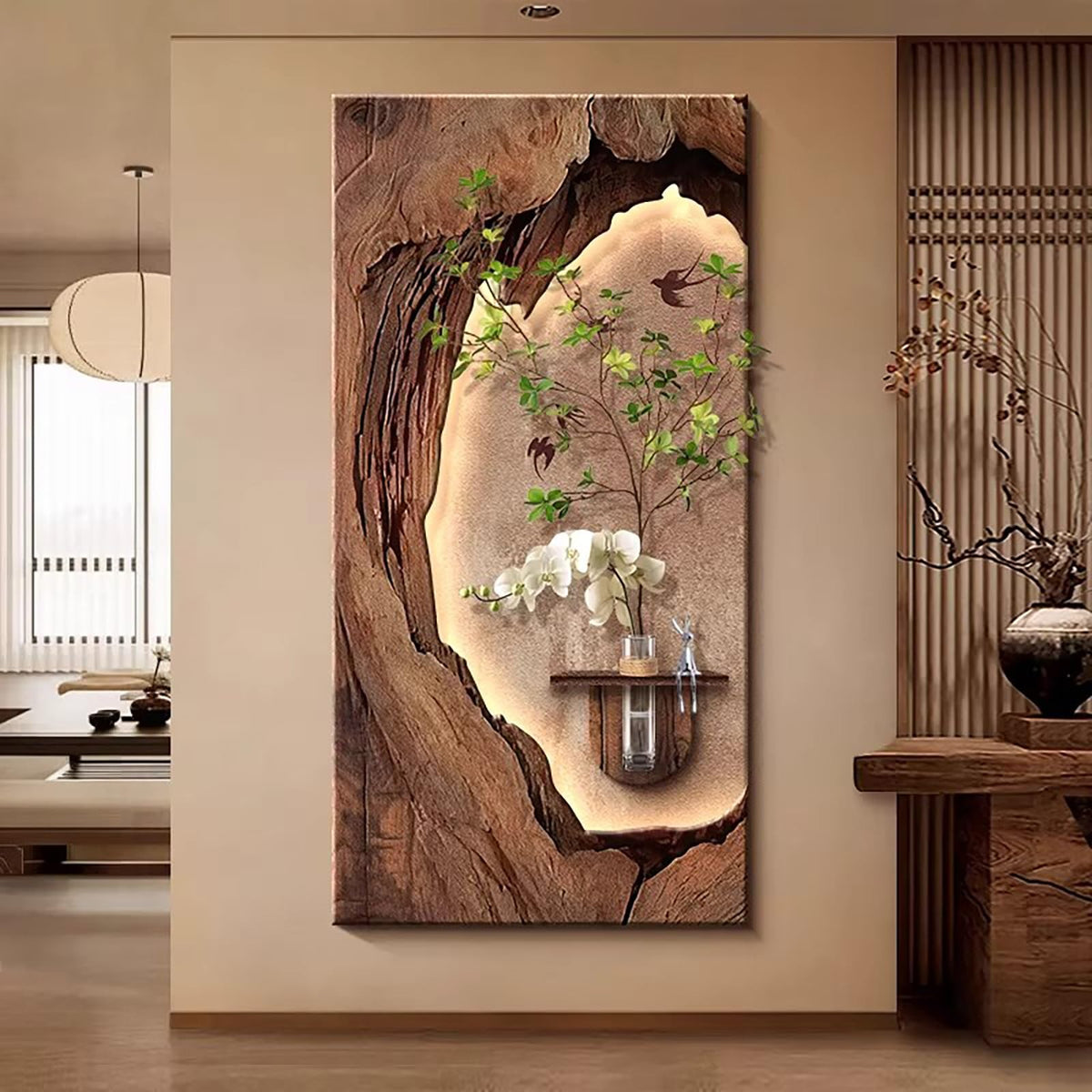 3D LED Sandstone Wall Art with Orchid Vase Detail