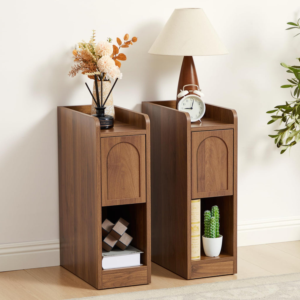 Narrow Carved Wood Nightstands, Set of Two
