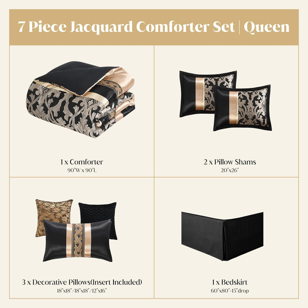 CozyDH Black Gold Jacquard Comforter Set California King, 7PCS Bed in a Bag
