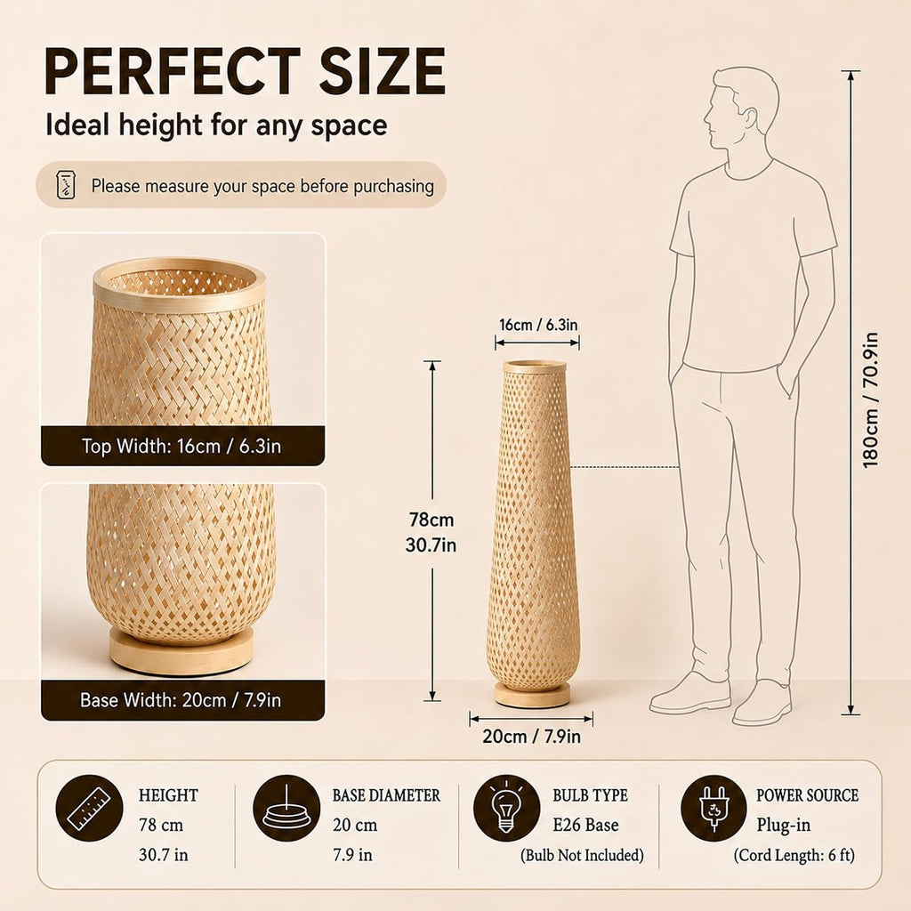 Boho Style Bamboo Woven Floor Lamp for Living Room, 36 in, Cozy Decor