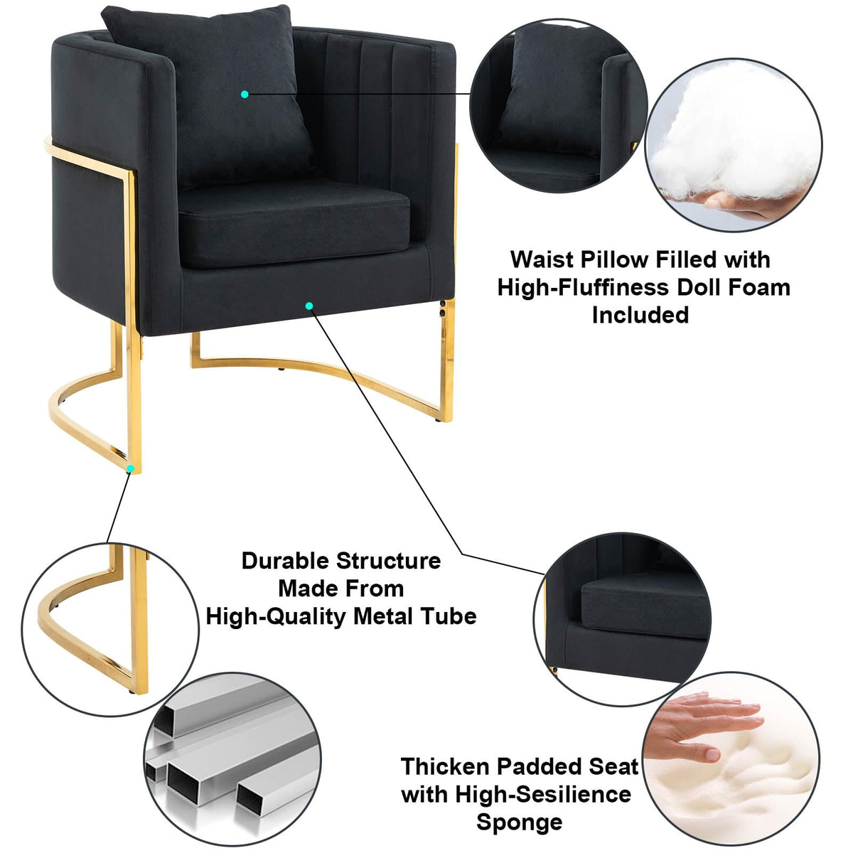 Velvet Barrel Accent Chair with Pillow