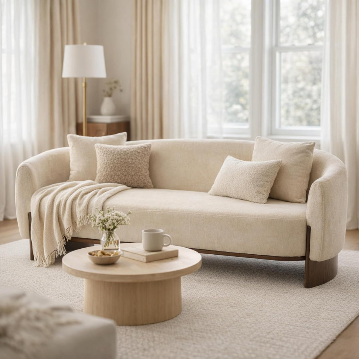 Curved Bouclé Sofa with Pillows
