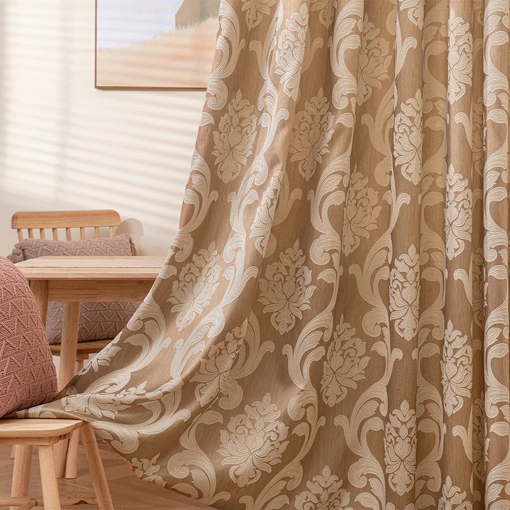 Brown Damask Grommet Curtains, Set of Two