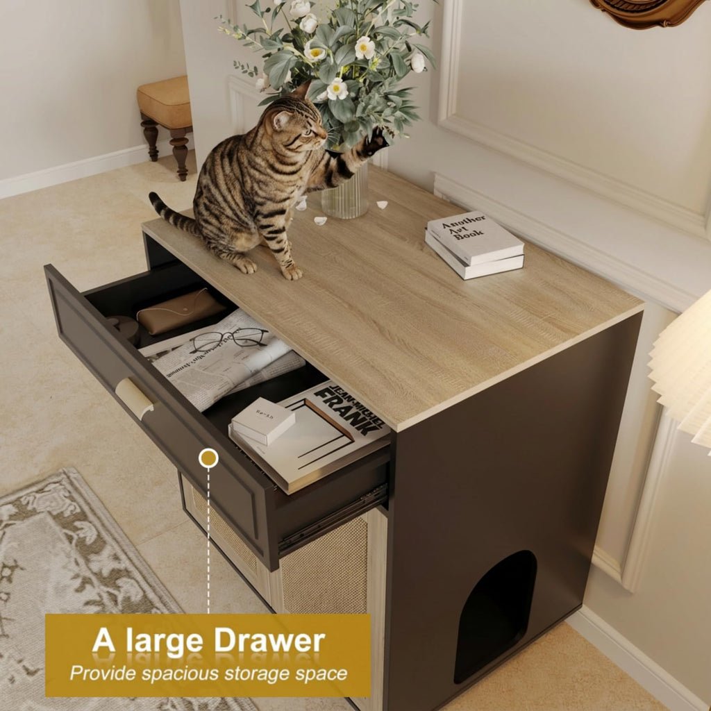 Cat Litter Box Enclosure Furniture Hidden Indoor 2-in-1 Wooden Cat & Washroom Cabinet with Scratching Board Doors and 3 Drawer for 2 Cats, 55"x20"x24"H