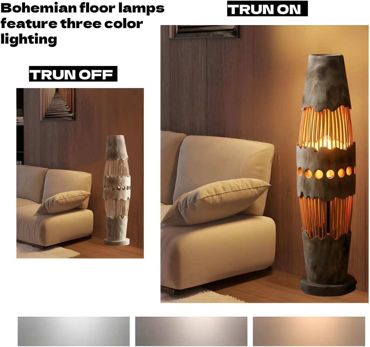 34.64" Mid Century Boho Farmhouse Wood Floor Lamp with Bamboo Shade