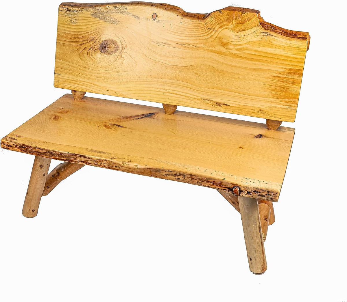 Rustic Log Live Edge Wooden Bench with Live Edge Slab Back Support (Natural Clear)