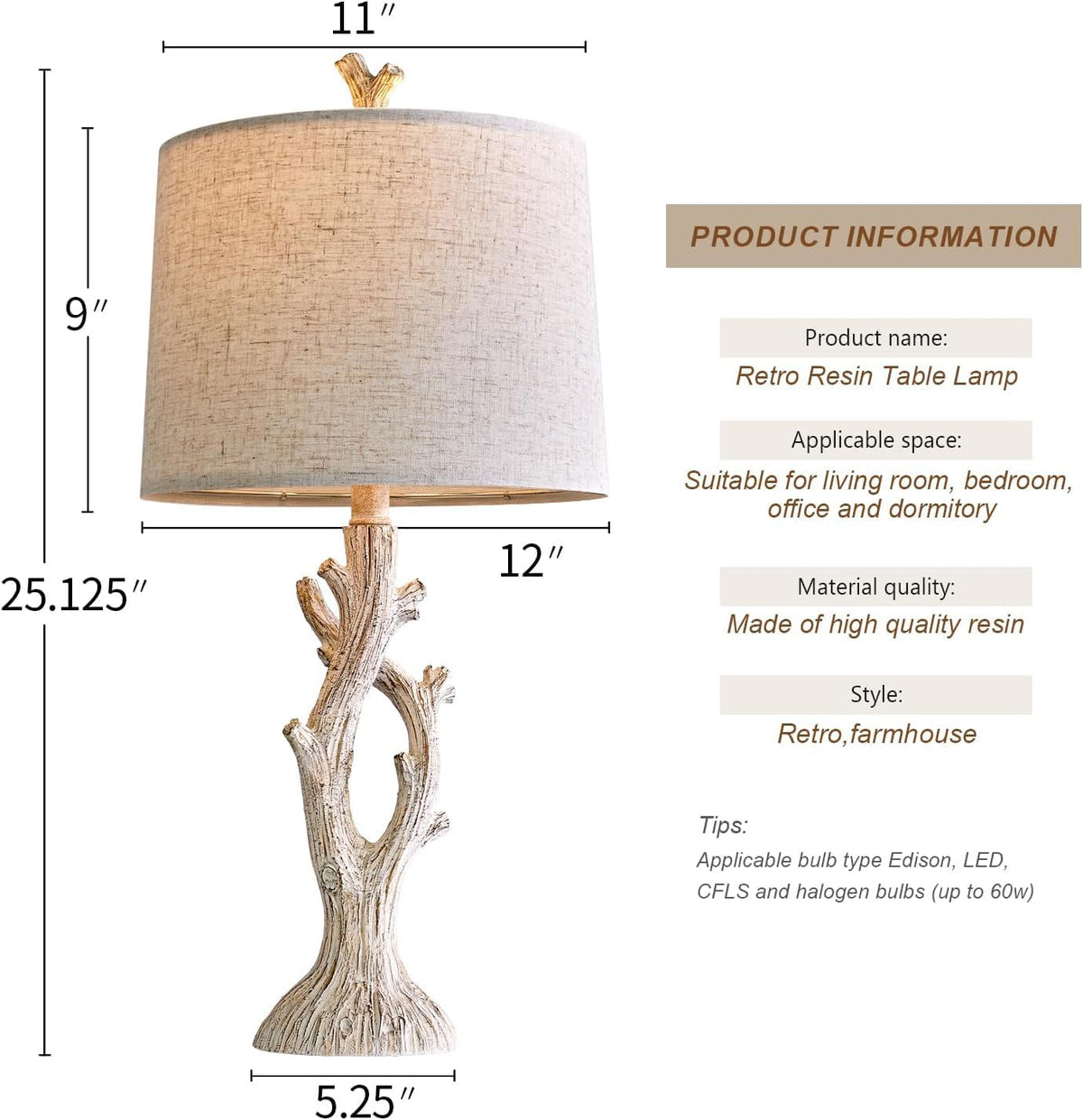 Rustic Tree-Trunk Table Lamp with Oatmeal Shade