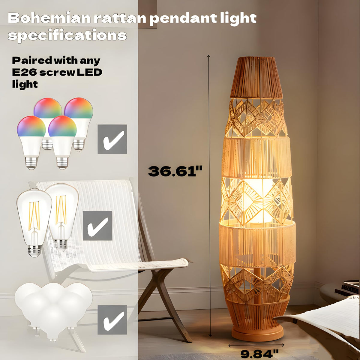 34.64" Mid Century Boho Farmhouse Wood Floor Lamp with Bamboo Shade