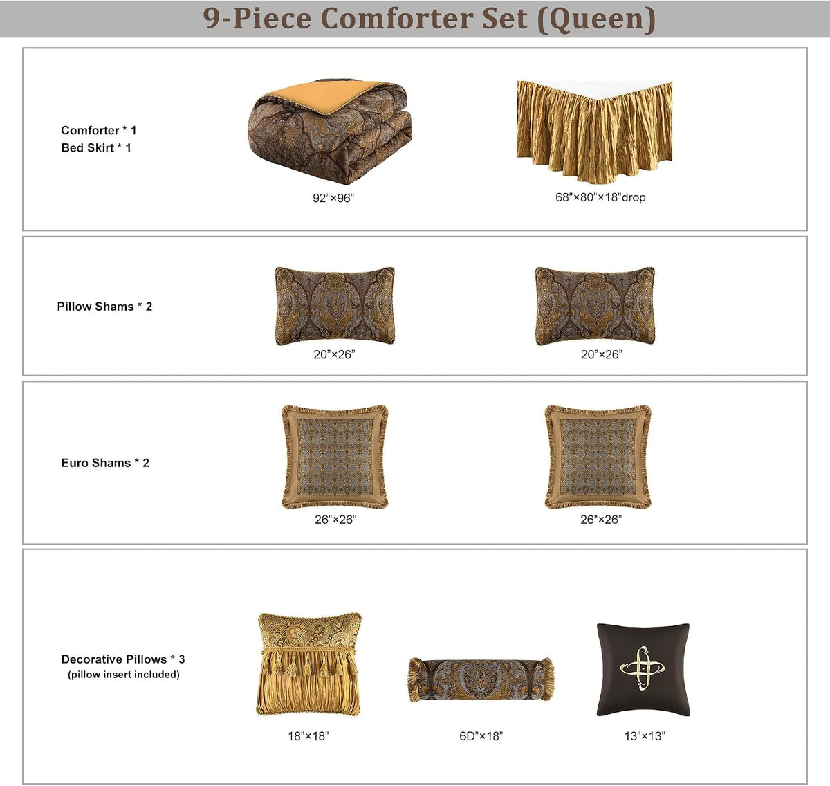 Loom and Mill Luxury Jacquard Comforter Set 9-Piece, Bronze Gold, Queen