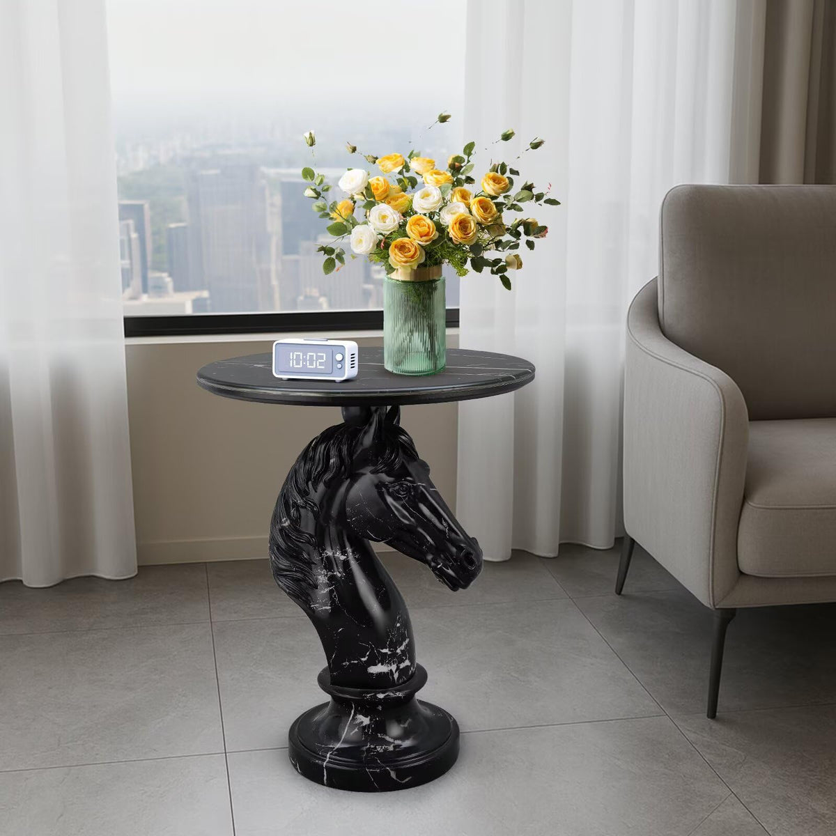 Modern End Table Living Room Black Horse Statue Base Faux Marble Night Stand 20"