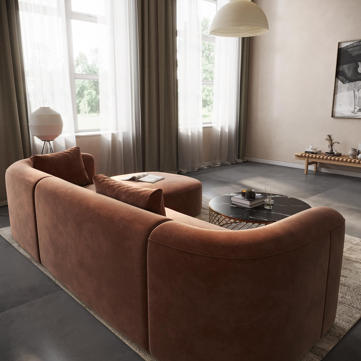 Acanva Mellow Modern Tight Curved Back Velvet Sofa, 4 Seater Modular