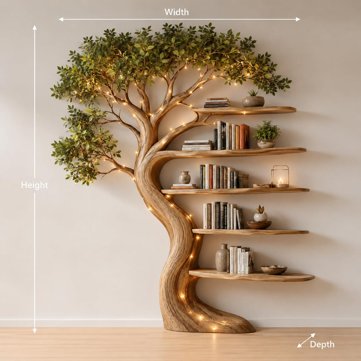 Rustic Tree Bookshelf, Solid Wood 70" H x 60" W Nature Inspired Bookcase with Open Shelves for Living Room Wall Decor (Option 4)