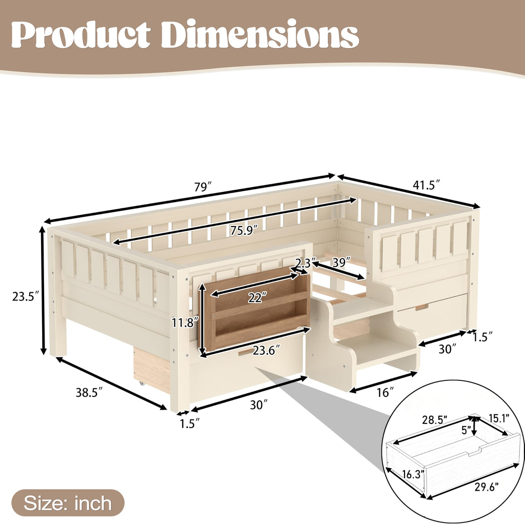 Montessori Bed with Stairs, Bookshelf & Storage Drawers