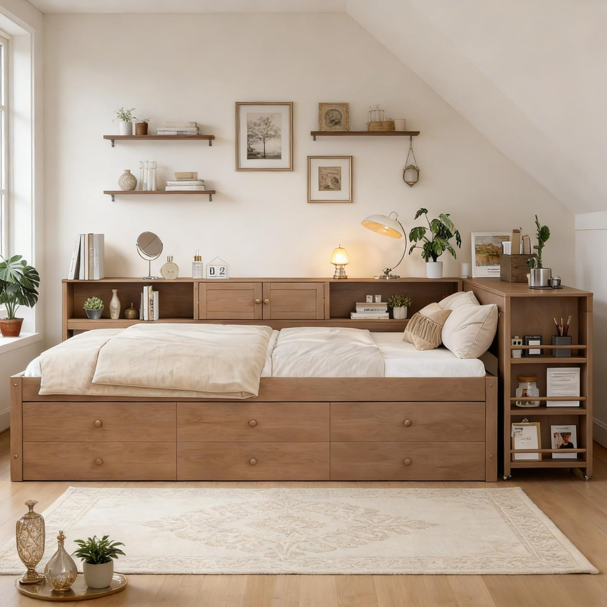 Bellemave Twin Daybed Frame with Desk, Trundle & Drawers Brown