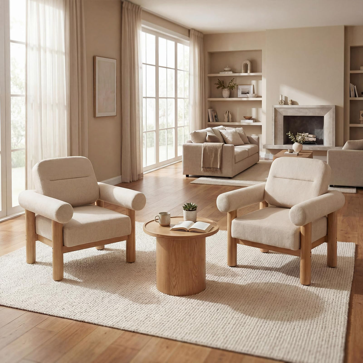 HNY Mid-Century Boucle Barrel Chair, Beige