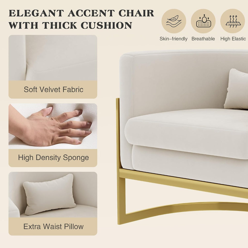 Velvet Accent Chair Ivory Modern Barrel Chair with Gold Legs