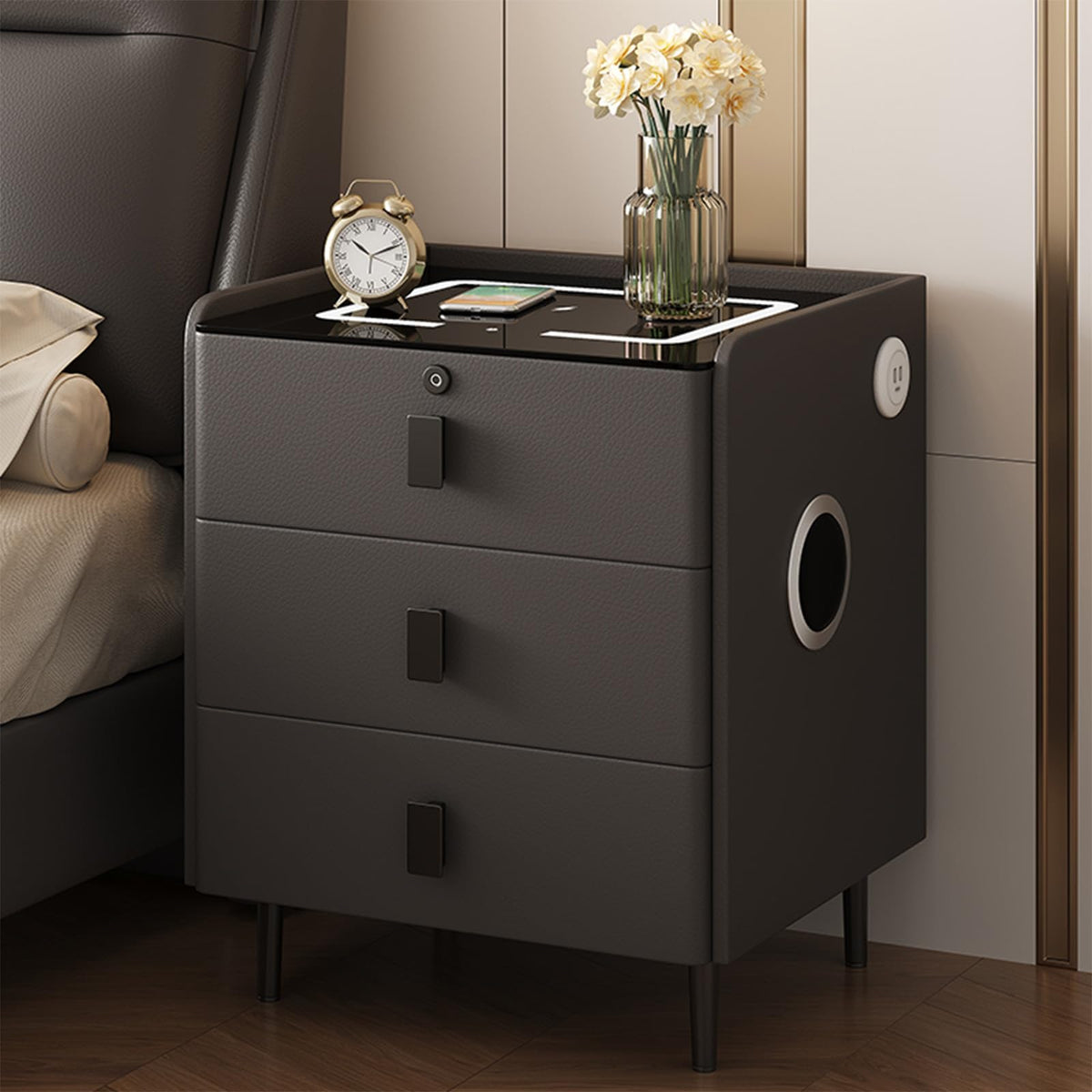 Smart Nightstand with Bluetooth Speaker,Led Nightstands with 3-Drawers and USB-Port,Fingerprint Lock Smart Side Table,3-Colors Lighting Bedside Table