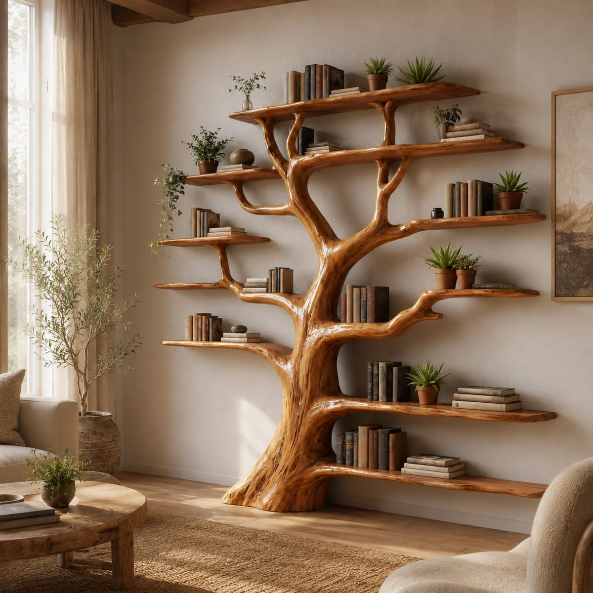 Tree Bookshelf, Handcrafted Natural Wood Tree Branch Wall Bookcase, Sculptural Floating Shelves for Living Room, Study and Home Library, Driftwood Decor