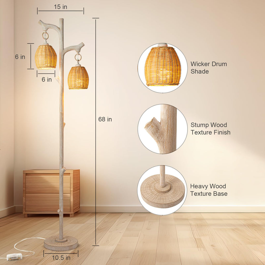 Scenekoy Vintage 68” Tall Resin Floor Lamp with Straw Rope Woven Shade