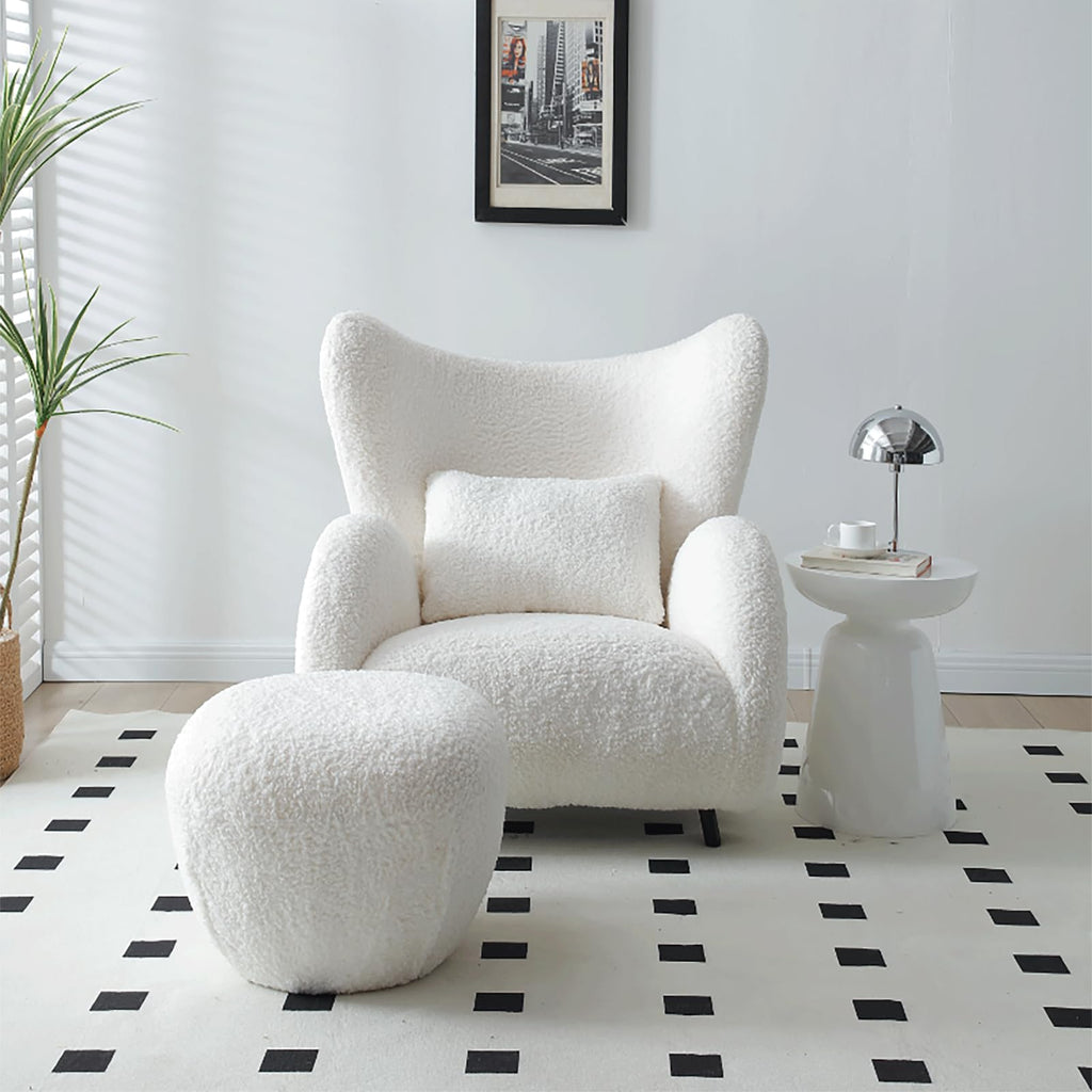 Oversized Boucle Accent Chair, Cream White Sherpa Wingback Chair