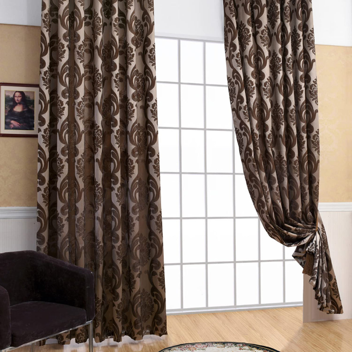 Brown Damask Grommet Curtains, Set of Two
