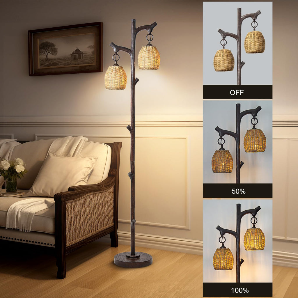 Scenekoy Vintage 68” Tall Resin Floor Lamp with Straw Rope Woven Shade