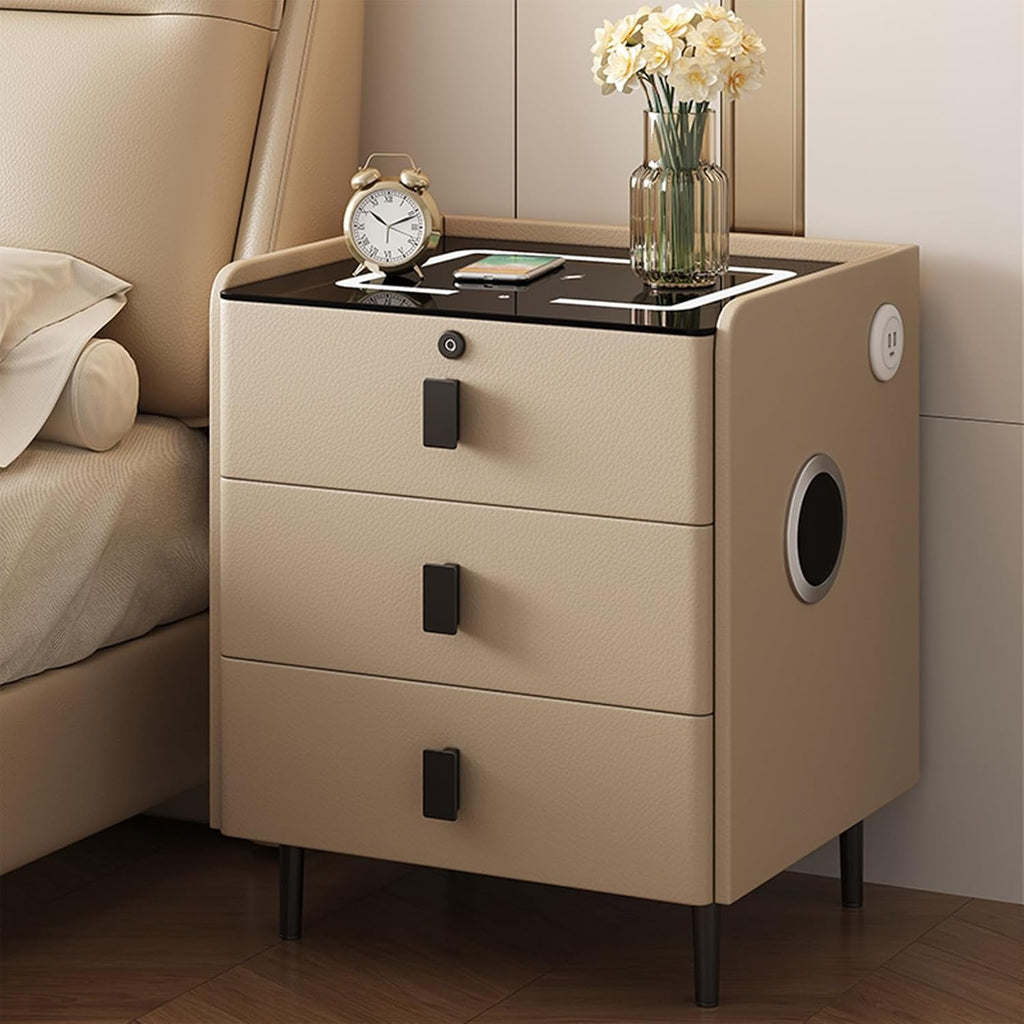 Smart Nightstand with Bluetooth Speaker,Led Nightstands with 3-Drawers and USB-Port,Fingerprint Lock Smart Side Table,3-Colors Lighting Bedside Table