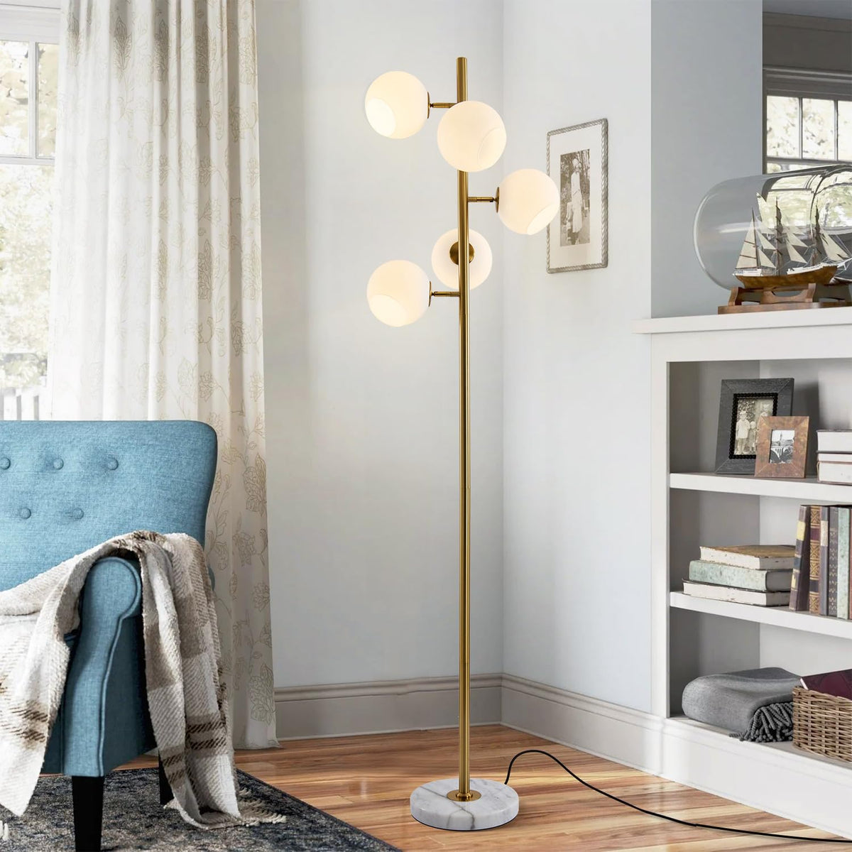 BOKT Gold 5-Light 67'' Tall Floor Lamp Smoked Glass Globes Standing Lamp