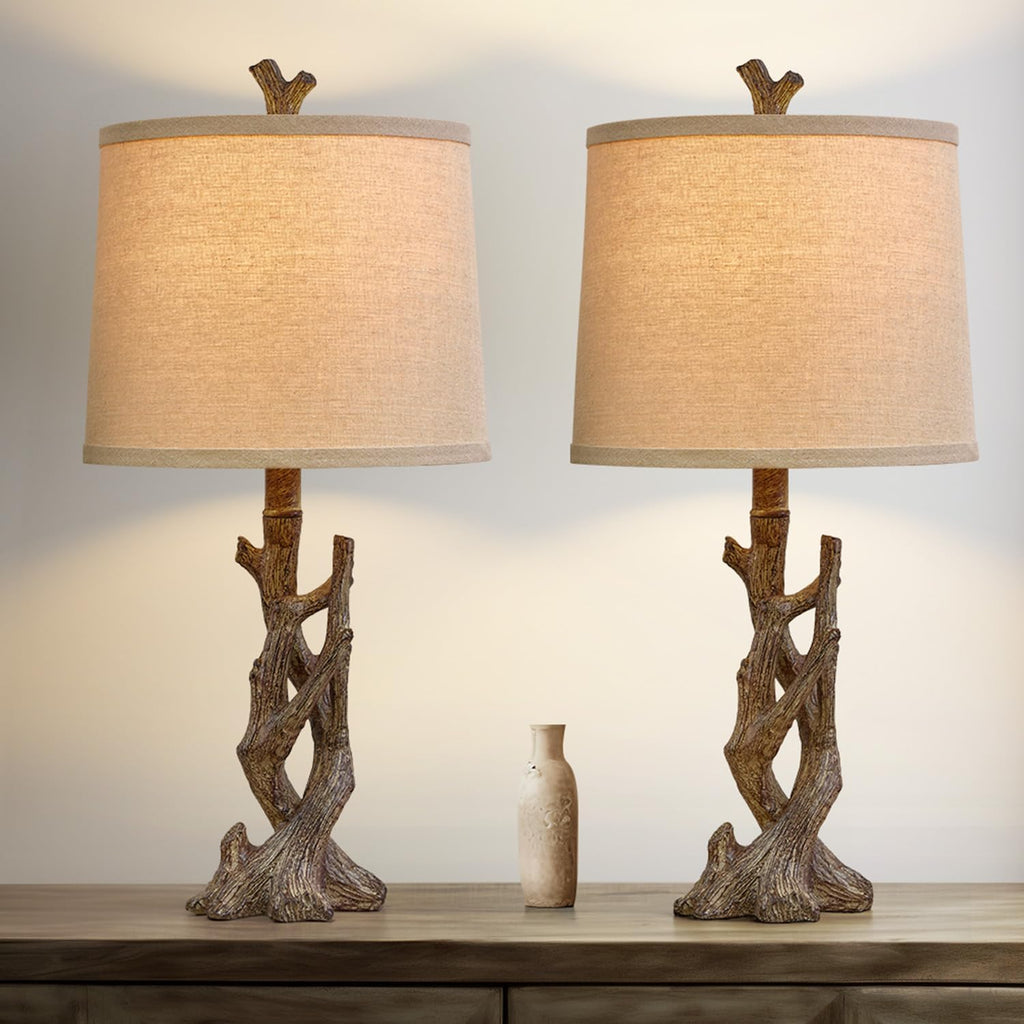 Rustic Tree-Trunk Table Lamp with Oatmeal Shade