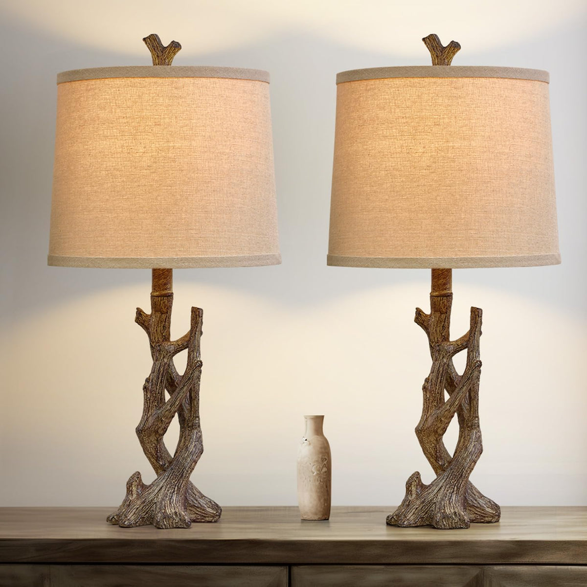 Rustic Tree-Trunk Table Lamp with Oatmeal Shade
