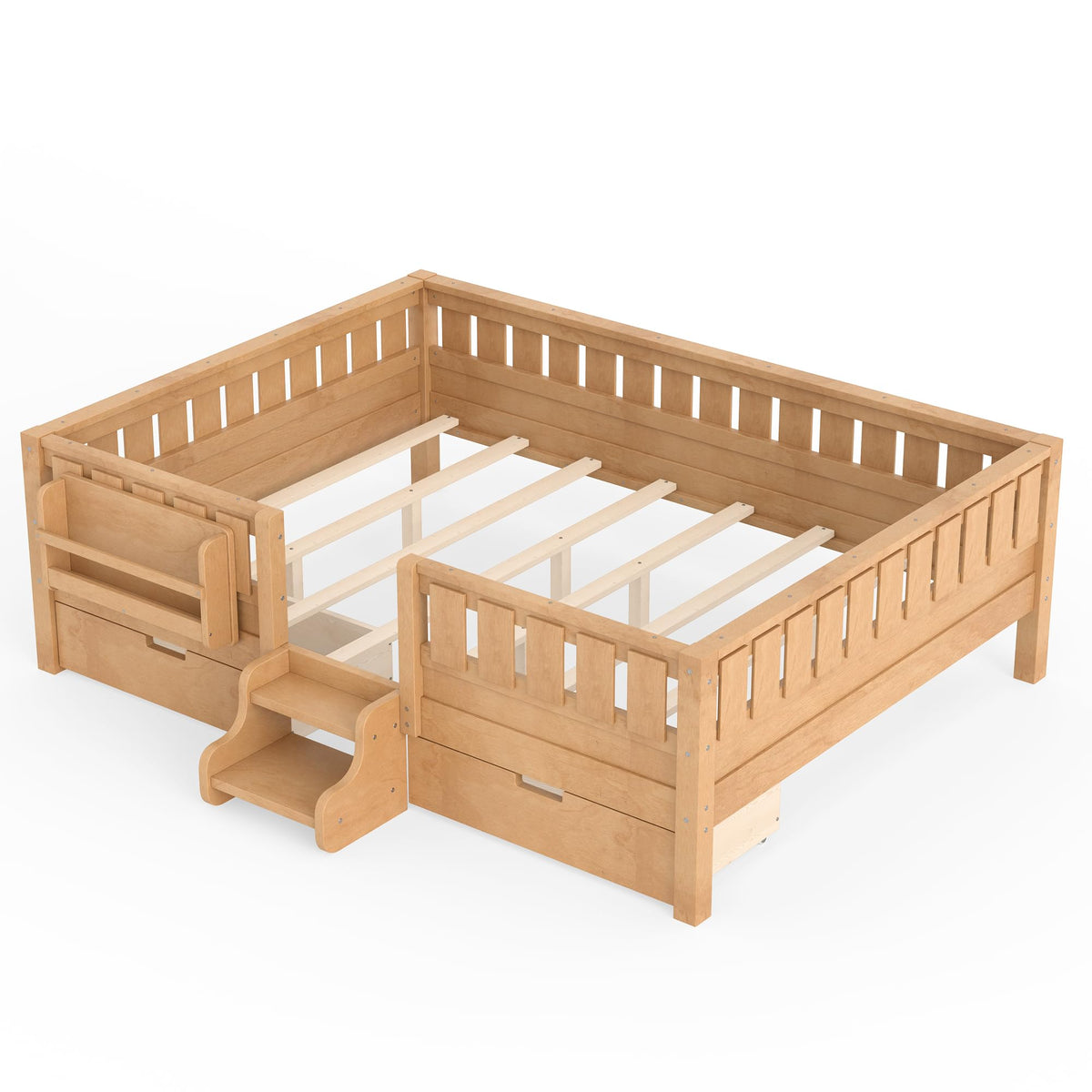 Montessori Bed with Stairs, Bookshelf & Storage Drawers