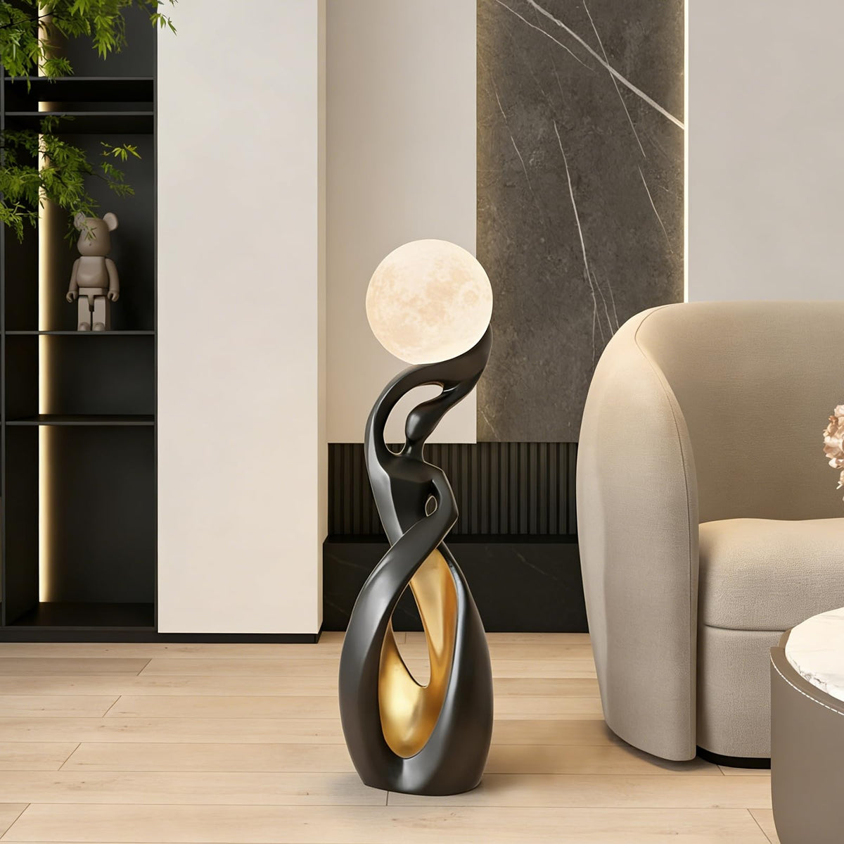 Modern Floor Lamp, Black Floor Lamps, Bedside Lamp with 3D Moon Lights