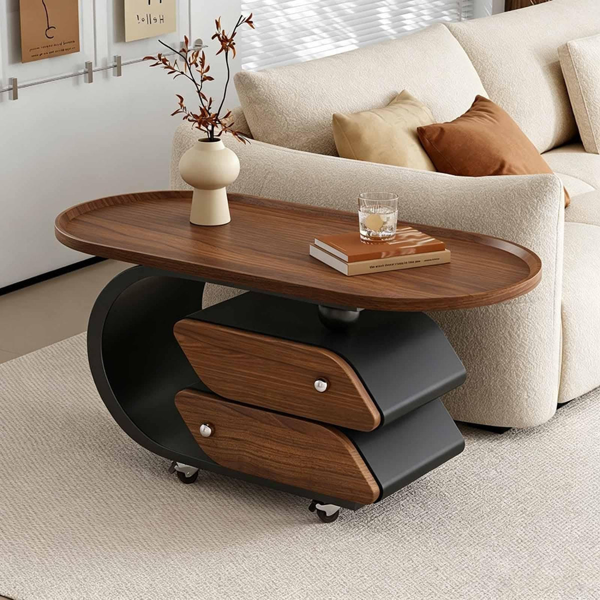 Rolling Wood-Top Storage Side Table