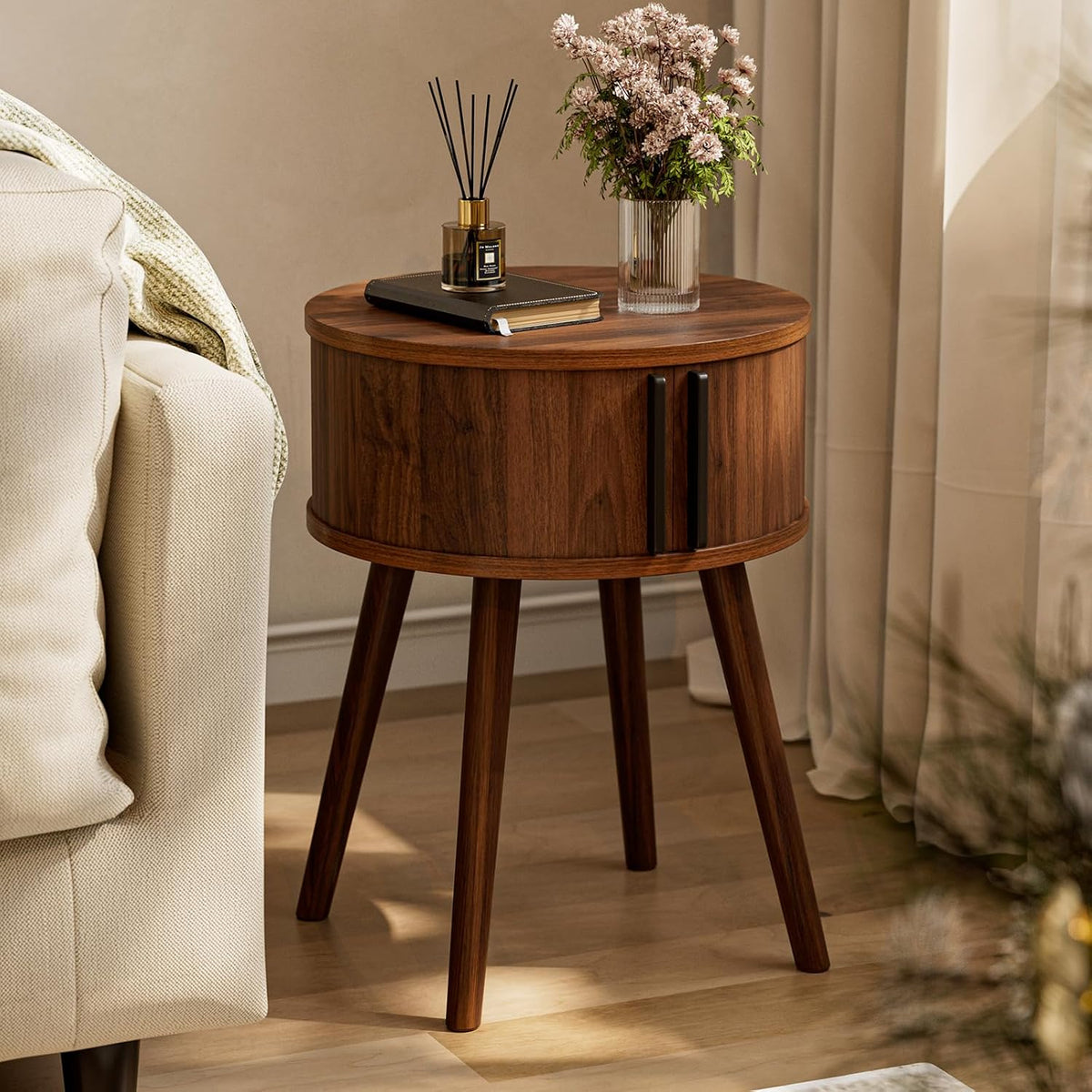 ZttRiee Round Side Table with Sliding Doors, Mid-Century End Table, Walnut