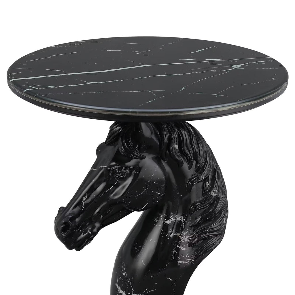 Modern End Table Living Room Black Horse Statue Base Faux Marble Night Stand 20"