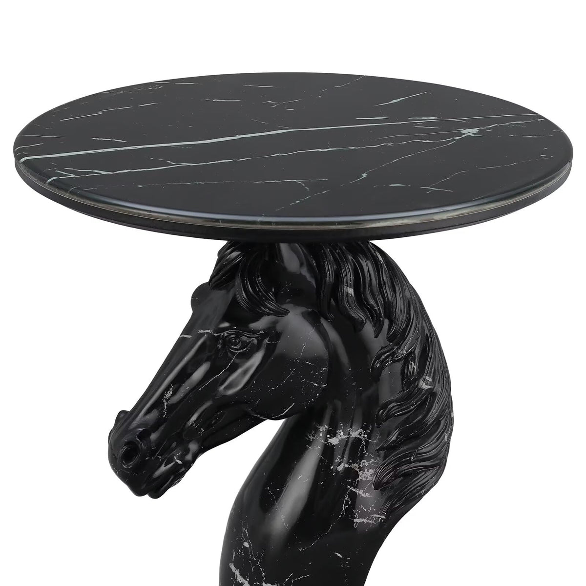 Modern End Table Living Room Black Horse Statue Base Faux Marble Night Stand 20"