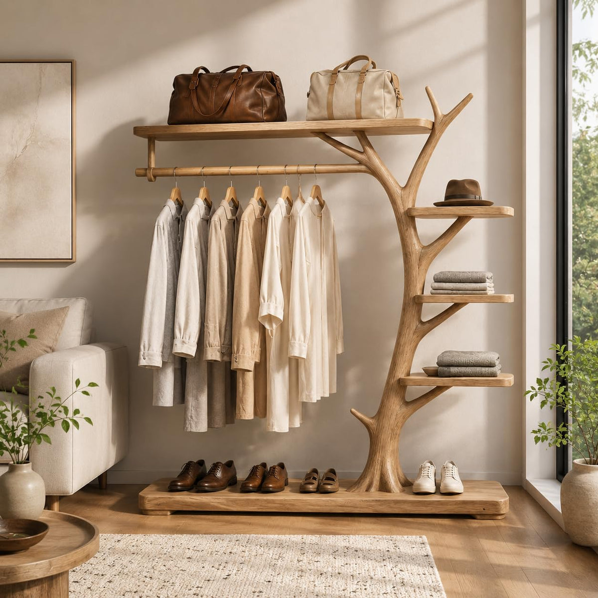 Rustic Coat Rack with Shoe Shelf, 70” H x 60” W Entryway Hall Tree Organizer for Mudroom, Hallway, Foyer Storage (Option 2)
