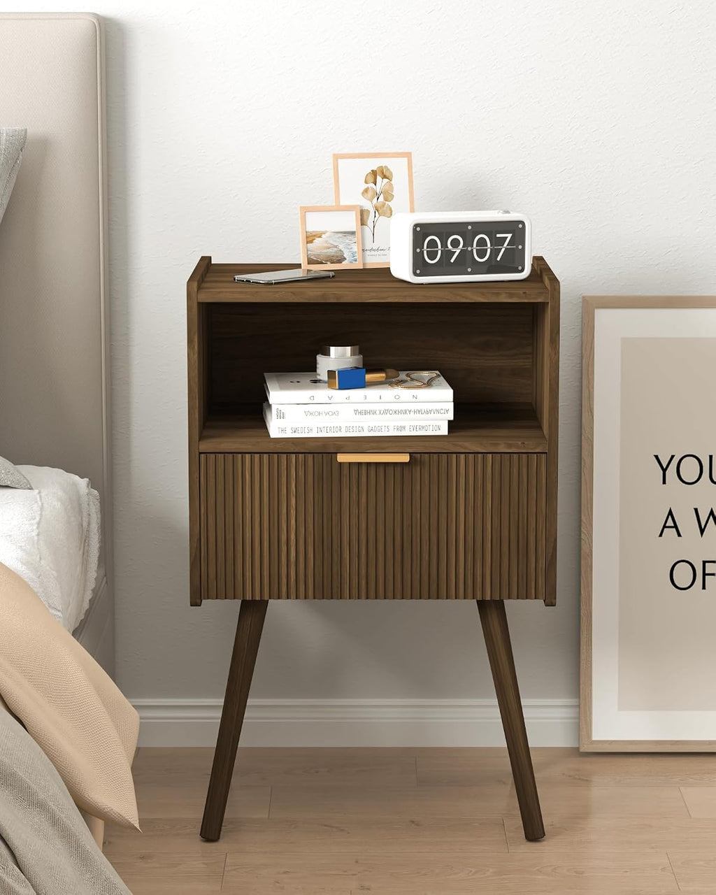 Modern Nightstand with Drawer & Open Shelf