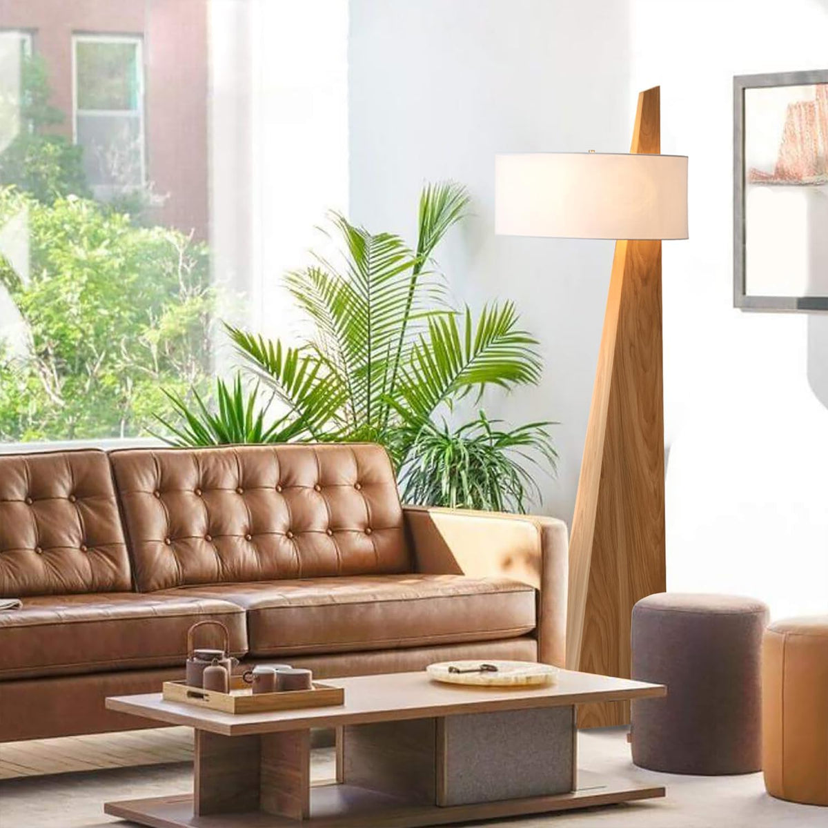 Obelisk Floor Lamp by Nova of California - Natural Ash Wood & White Cotton-Linen